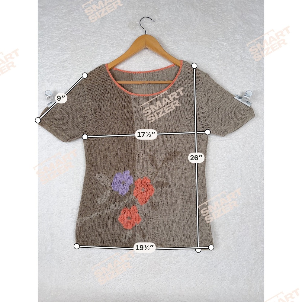 Unbranded Floral Knit Top Womens M Taupe Linen Blend Short Sleeve IG-M6549A - Picture 6 of 7